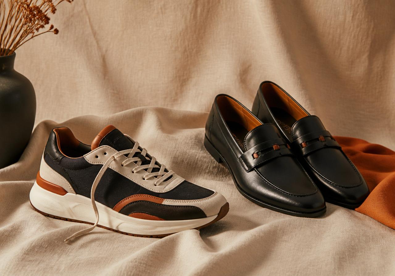 Premium sneakers and dress shoes on warm linen